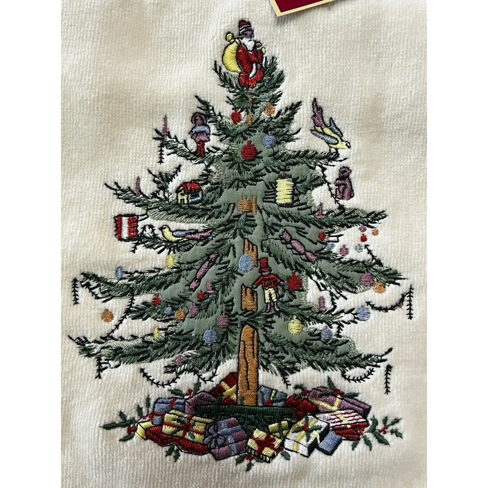 Spode Ivory Christmas Tree Green Trim Embroidered Bathroom Towel 49x27